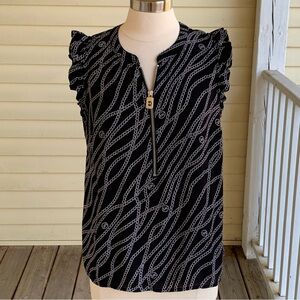 Michael Kors Top L Equestrian Chain Print MK Logo 1/4 Zip Sleeveless Blouse
